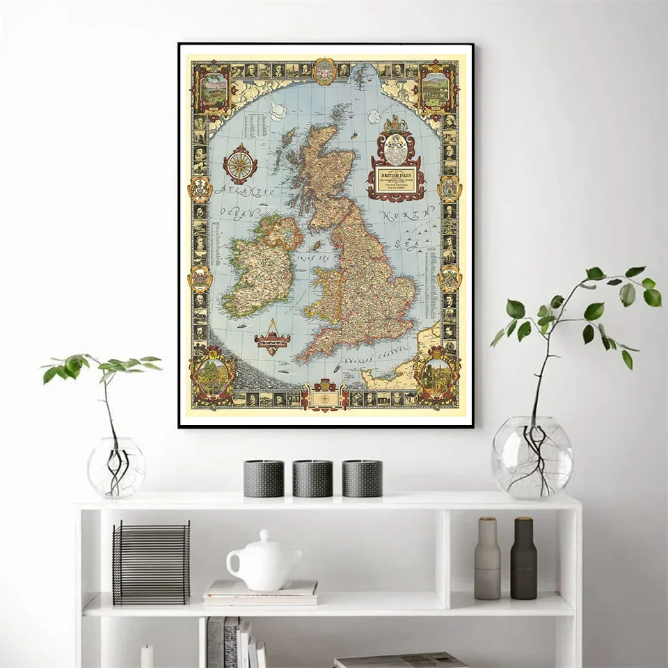 A2 Size Vintage Kingdom of Great Britain Map in 1937 Fine Canvas Painting For Living Room Home Wall Decor