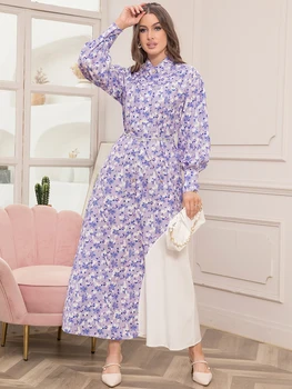 Elegant Floral Print High Neck Contrast Color Belted Shirt Sleeve Long Dress - Women's Fashion Slim Fit Maxi Dress for Spring 1