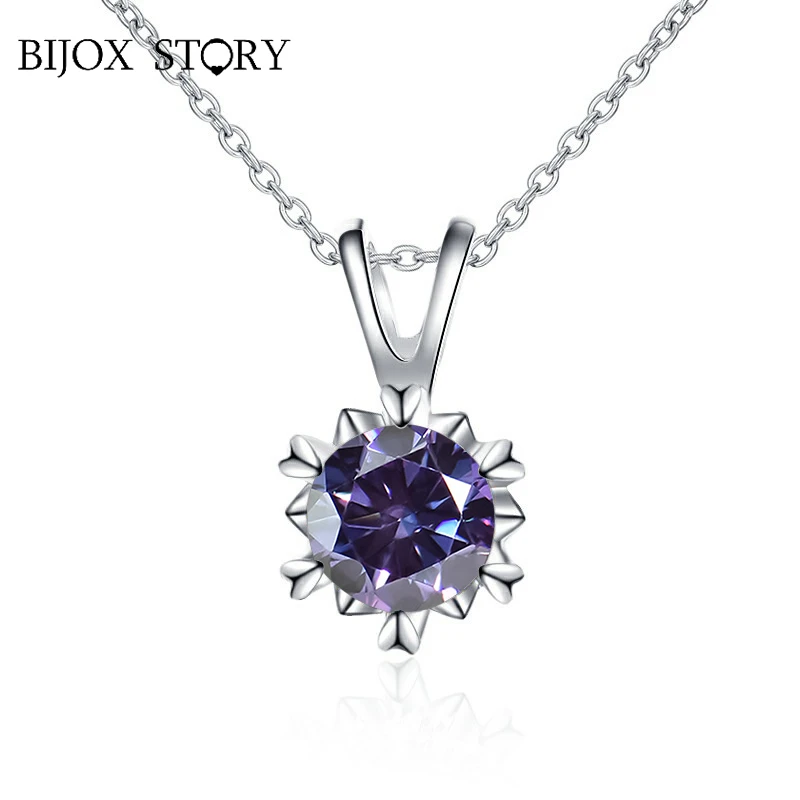 

BIJOX STORY Certificated 1 Carat Moissanite Pendant Necklace for Female S925 Sterling Silver Cute Flower Shape Pendant Necklace