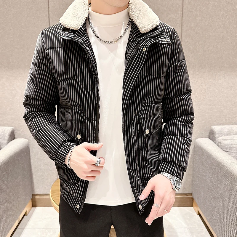 New 2023 Autumn Winter Men's Striped Warm Cotton-Padded Jackets Slim Stand Collar Down Coat Outwear Thicken WADDED JACKET Parkas