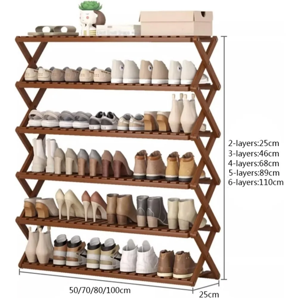 Shoe Rack Foldable Rack, Narrow Bamboo Organizer with X-Shape Cross Structure, Free Standing Storage Shelf for