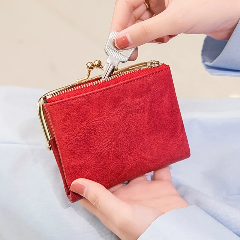 

Women Bifold PU Leather Coin Card Wallet Key Ring Mini Pouch Vintage Purse Small Change Bag