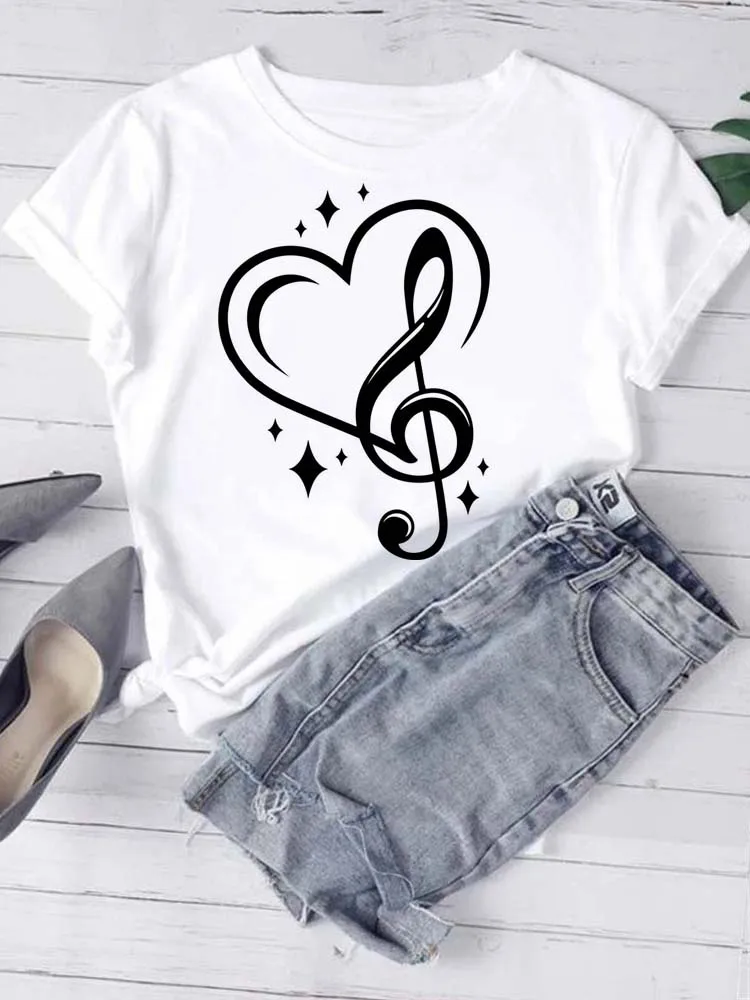 New Musical Note Love Heart T Shirt Summer Fashion Short Sleeves Women
