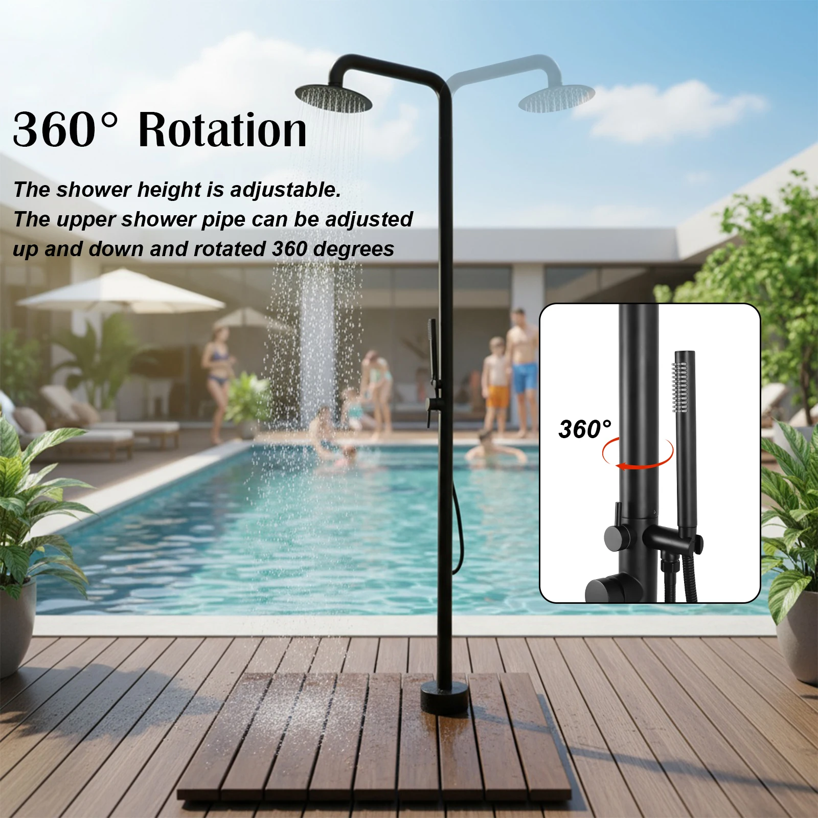2-Function Height Adjustable Outside Showers Floor Mounted Matte Black Shower Kit with Showerhead for Yard Beach Poolside Garden