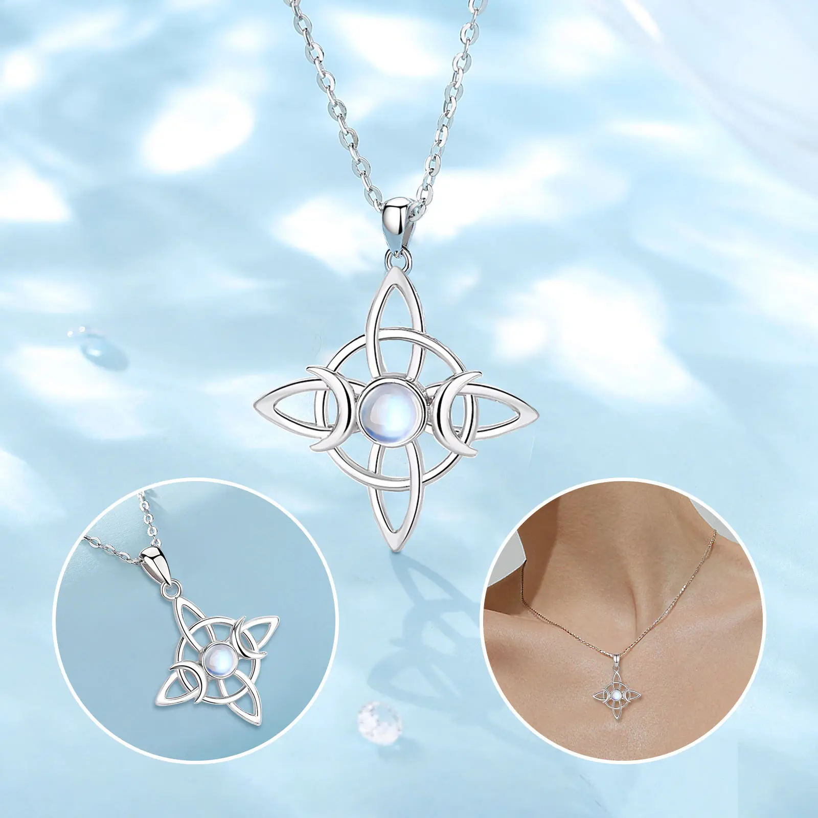 Eudora 925 Sterling Silver Witch's Knot Triple Moon Necklace Moonstone Amulet Pendant for Women Witch Jewelry Exquisite Gift silver necklace charms pendant necklace silver necklace silver pendant