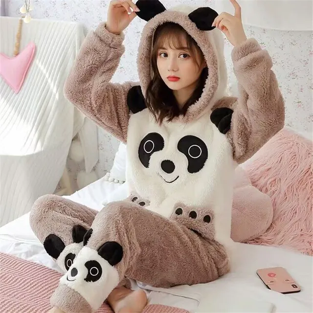 Pijamas cálidos de lana de Coral para mujer, conjunto de 2 piezas de manga larga con capucha, ropa de casa con estampado bonito, novedad de 2024 - Image 3