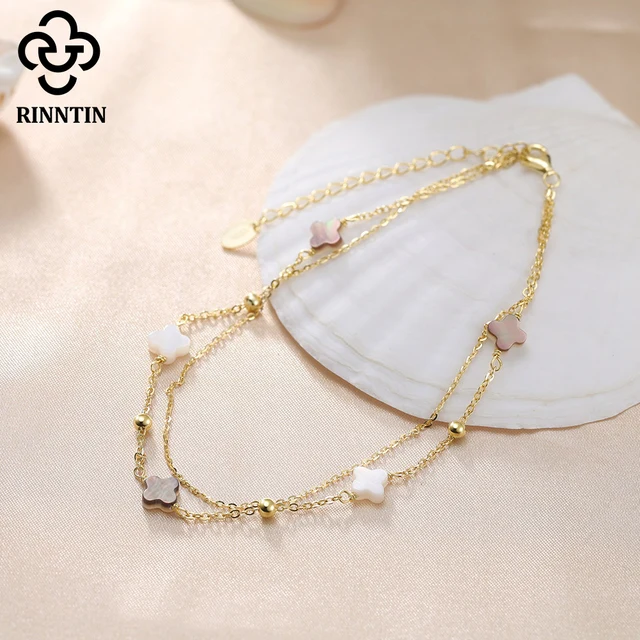 Rinntin Genuine 925 Sterling Silver Double Layer Clover Chain Anklet Lucky Clover Charm Anklets Bracelet Female Jewelry GMA02