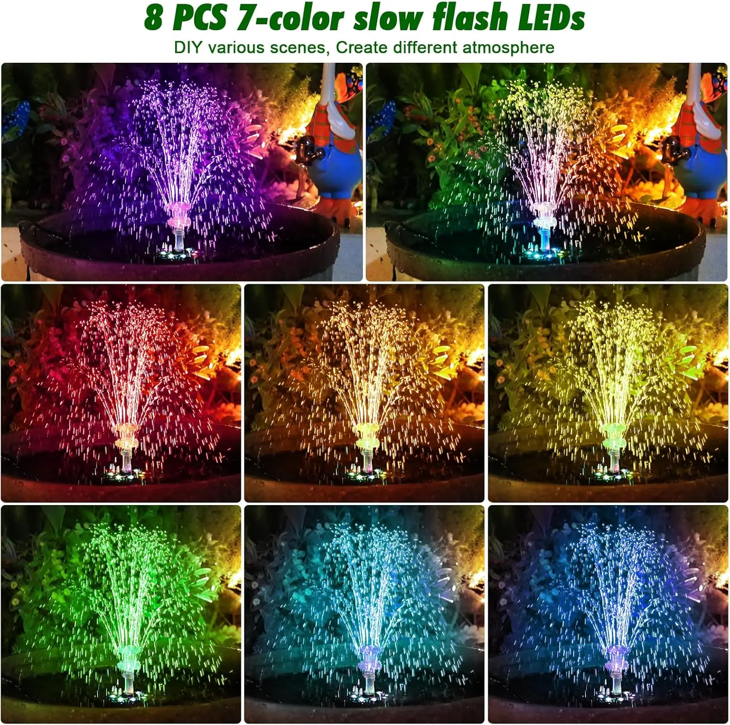 10W Solar Water Fountain – LED Colorful Lights 2