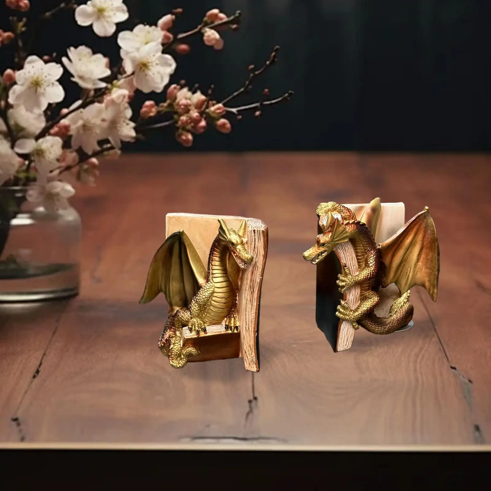 2 Pieces Dragon Decorative Bookends Book Stopper Artwork Heavy Duty Gifts Resin Ornament Shelf Decor Dragon Figurine for Home