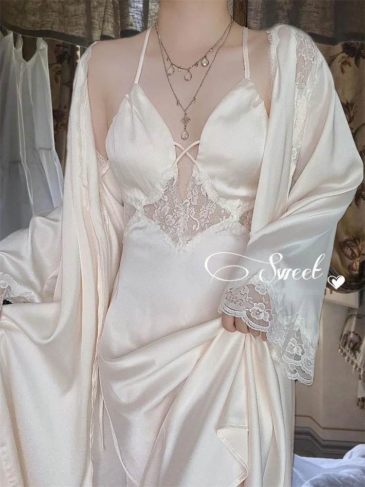 Womens Nightgowns Lace Satin Sweet Vintage Nightdress Two-Piece V-neck Nightwear Sexy Home Dressing Gown Court Style Loungewear