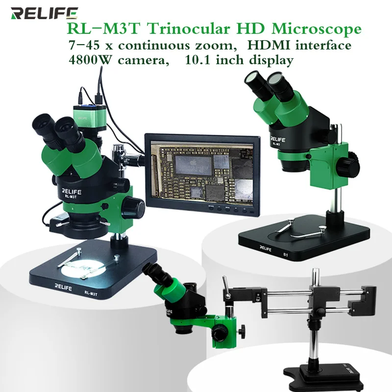 RELIFE RL-M3T Mobile Phone Repair Electron Microscope Binocular Trinocular 7-45x with Stl2 Long Arm 4k Camera Microscope