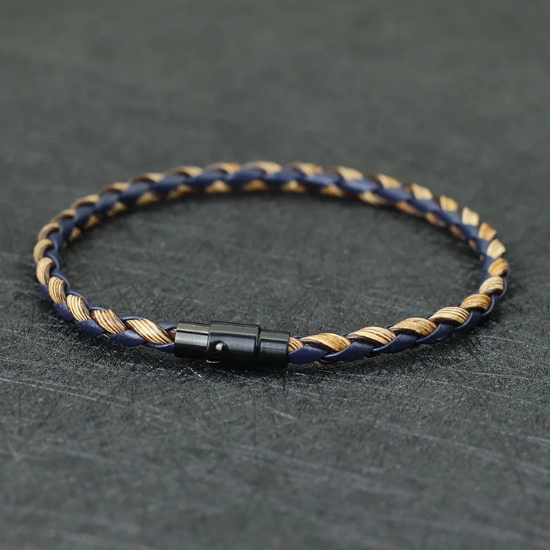 Men Leather Double Safety Magnet Buckle Braided Bracelet