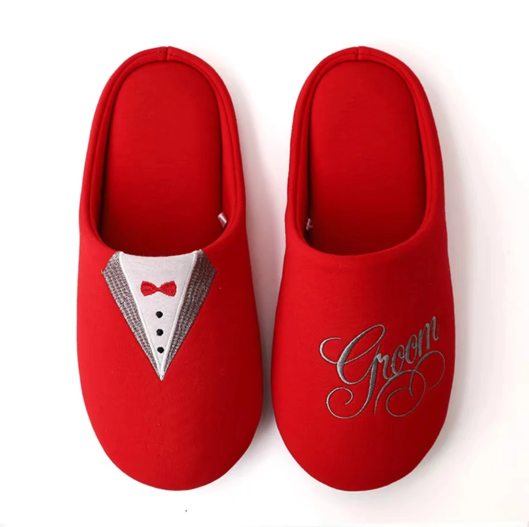 

Chinese Red Embroidery Bride Groom Slippers For Best Friend Daugther Wedding Marriage Presents