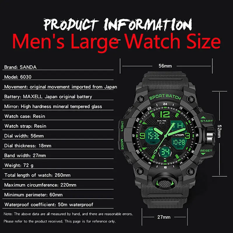 SANDA Men Military Watches White Sport Style Watch LED Digital 50M Waterproof Watch Male Clock Relogio Masculino