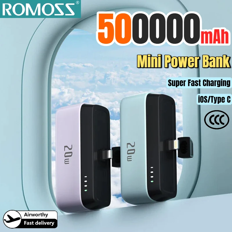 ROMOSS 500000mAh 미니 보조베터리 초고속 충전 휴대용 외부 배터리 아..