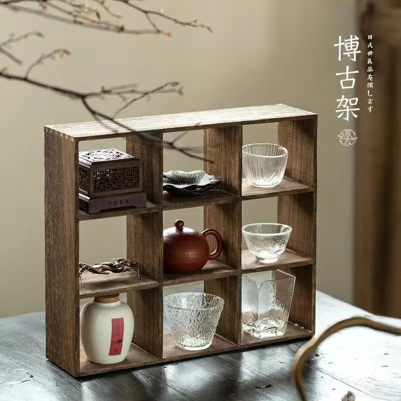 

wood teacup shelves,, multi-bao tea setsBogushelves, handmade nine-square grid storage racks, six-square grid tea racks