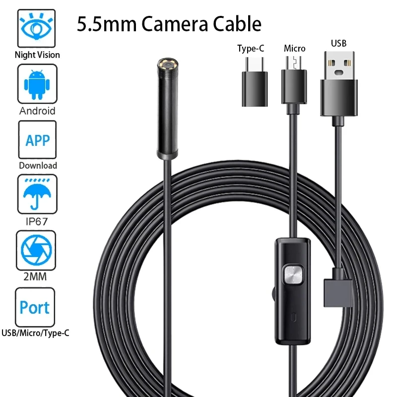 5.5MM Android Endoscope Camera 3 IN1 Micro USB Type C Borescope Mini Camera Waterproof LED Car Inspection For HUAWEI XIAOMI PC 2