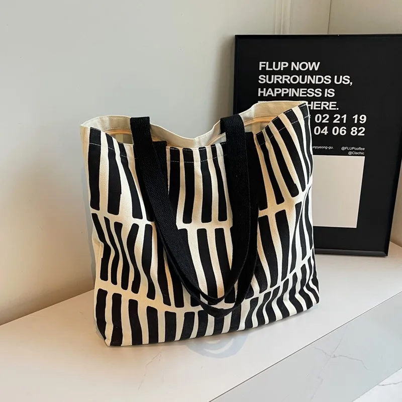 Fashion Printed Striped Canvas Bag, Large Capacity Lining Handbag, Campus Student Backpack, Youth Daily Shopping Literary Use
