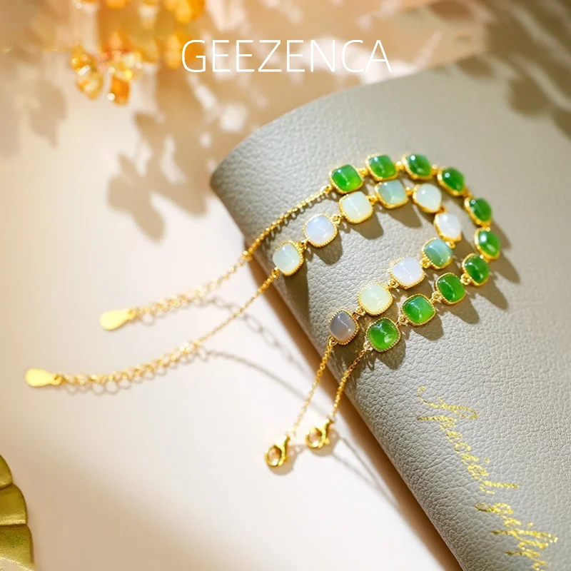 

GEEZENCA S925 Silver Natural Jade Jasper Bracelets For Women 18K Gold Minimalism Chic Square Stone Bracelet 2023 New Party Gift