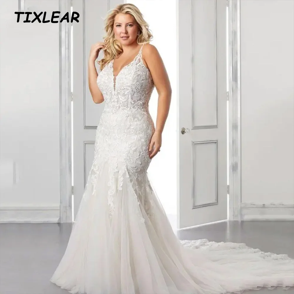 TIXLEAR Elegant Mermaid Wedding Dress V-Neck Applique Backless Plus Size Tulle Bridal Gown Floor Length Vestidos De Novia New