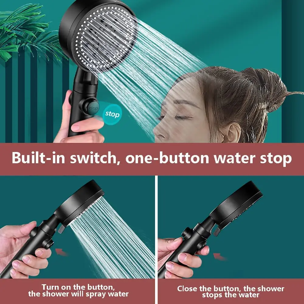 5 Mode Adjustable Shower Head Water Saving Black High Pressure Shower