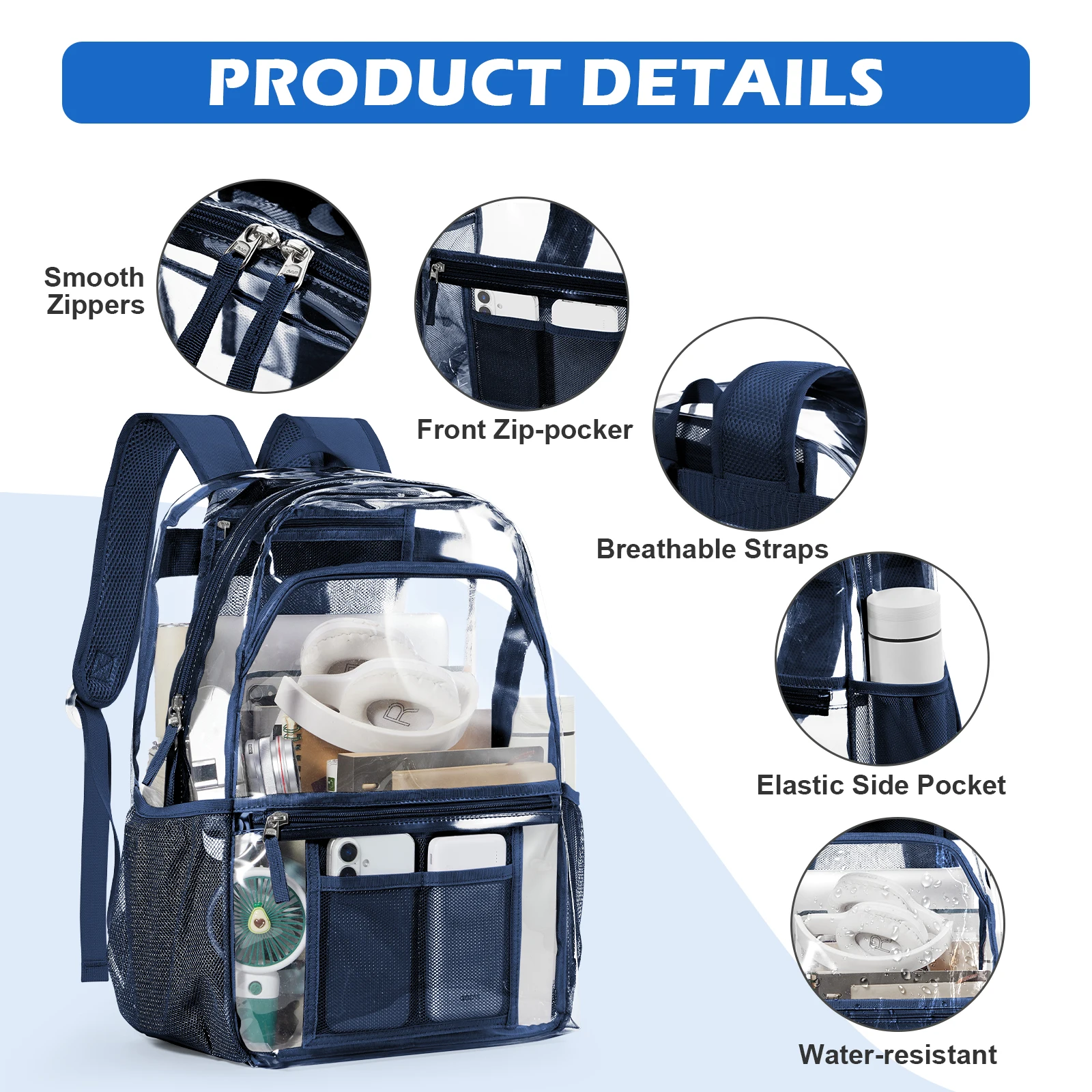 Clear Polyester Backpack - Stylish Transparent Daypack for School Multipocket Transparent Backpack Casual Modern Aesthetic Bag ﻿