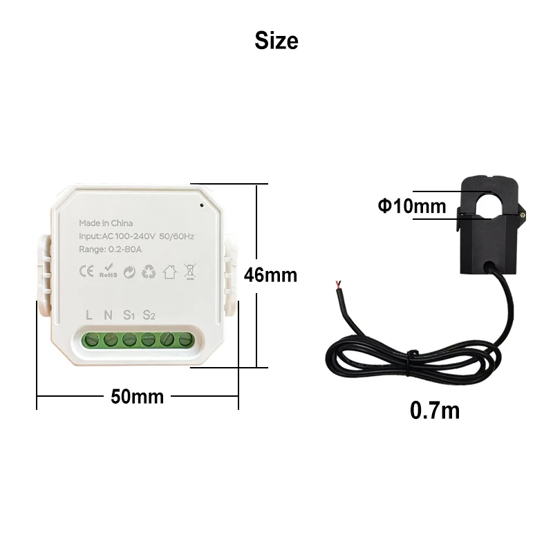 Tuya Smart WiFi Energy Meter 1Channel with Current Transformer Clamp App Monitor Power 80A 100V/240V 50/60Hz energy meter power meter