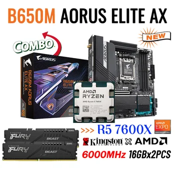 기가 바이트 B650M AORUS ELITE AX 마더보드, R5 7600X AM5 프로세서 키트 AMD B650 메인 보드 DDR5 6000MHz DDR5 메모리 EXPO R5 7600X