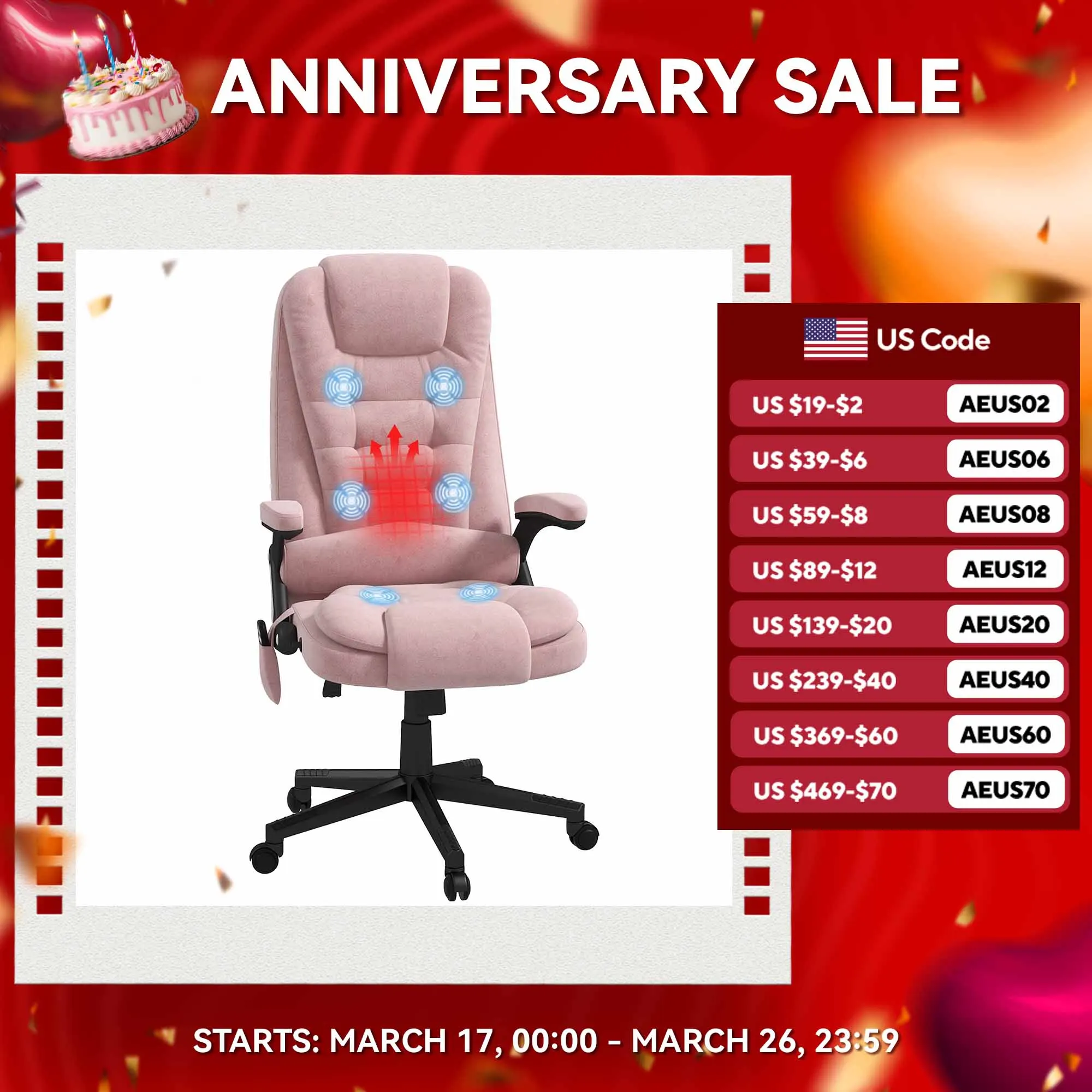 Homcom 6 Point Vibrating Massage Office Chair with Heat with Reclining Backrest, Padded Armrests and Remote, Pink 6