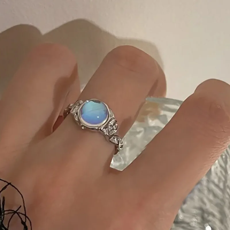 Y2k Kpop Irregular Open Rings For Women Fashion Sweet Cool Girls Moonstone Heart Finger Ring Trendy Aesthetic Jewelry Gifts 2023