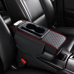 Premium Nappa Leather Car Console Cushion with Cup Holders and Phone Slot (Black Red S)