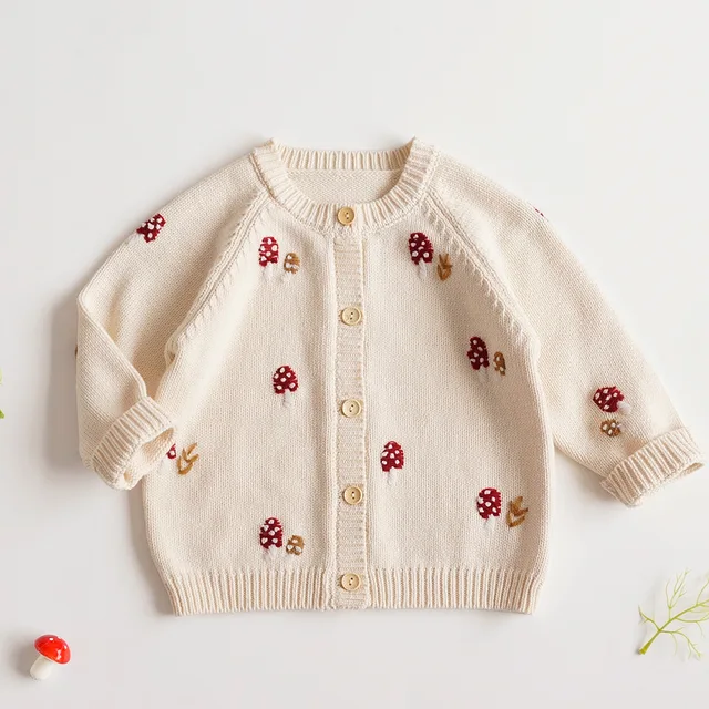 Новый осенне-зимний вязаный свитер для маленьких девочек deer jonmi, детский хлопковый кардиган с вышивкой в виде грибов для малышей, пальто 1