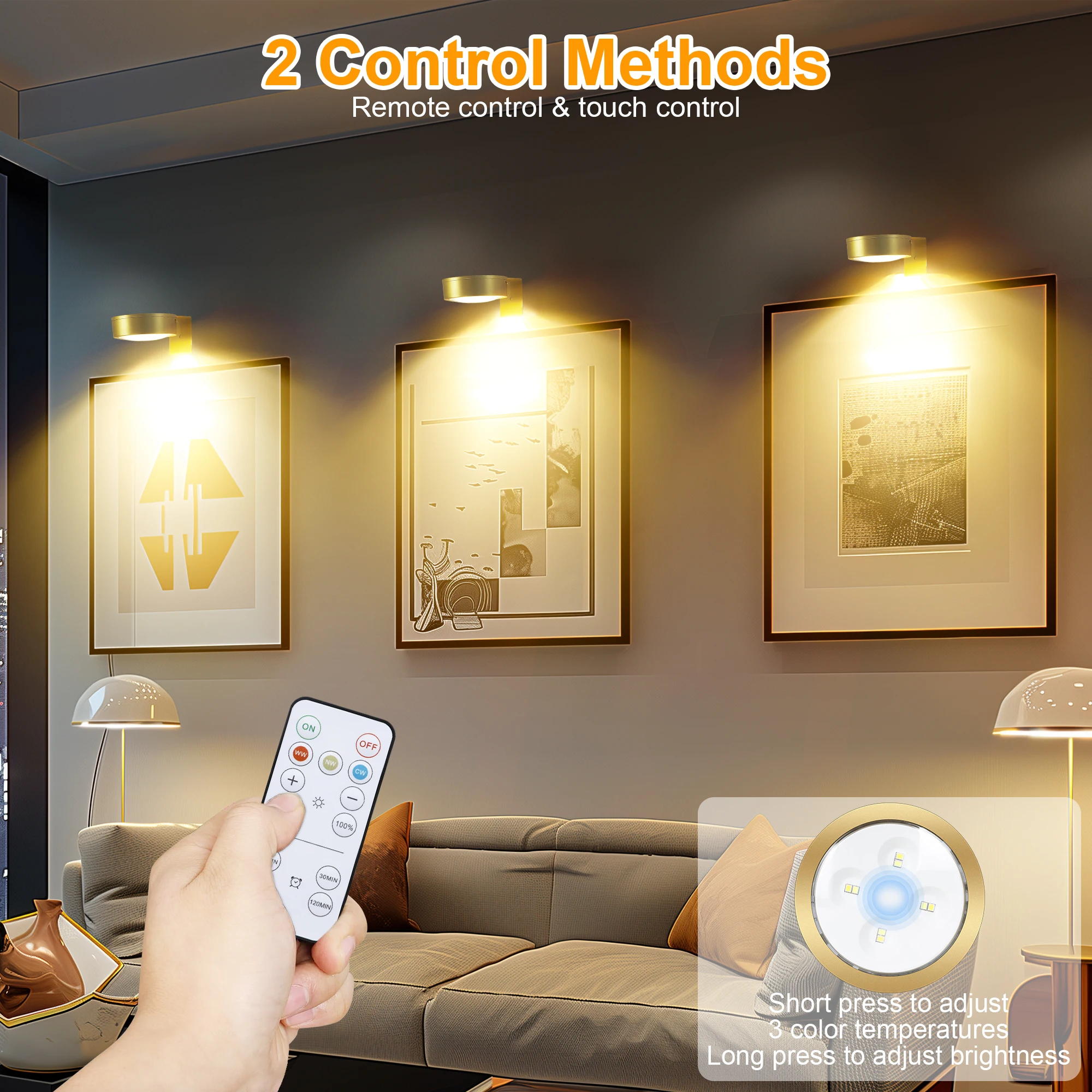 Battery Operated Picture Light Magnetic Led Painting Light Remote Dimmable Timer 3Pcs