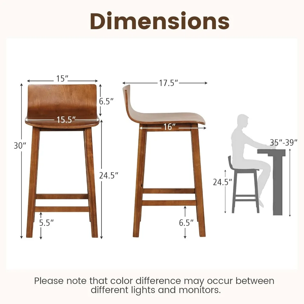 24.5" Bar Stools, Counter Height Bar Stools w/Low Back & Footrest, Farmhouse Wooden Dining Chairs