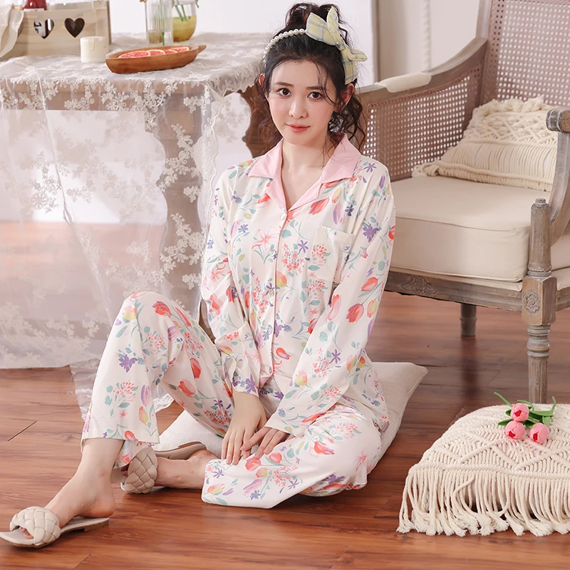 

Elegant Floral Womens Modal Pajamas Set Big Yards Femme Pyjamas Set Sleepwear Loungewear All Seasons Long Sleeve Sleep Clothes