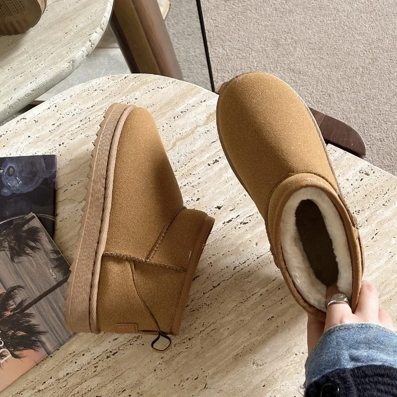 Platform Zool Antislip Winter Dames Korte Pluche Warme Snowboots Casual Schoenen Suède Bont Bont Gevoerde Pantoffels