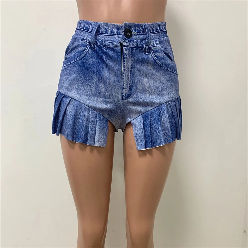 Faux Denim Printed Ruffles Summer Shorts Women Fashion Casual High Waist Button Fly Hipster Pants Street Style Trousers