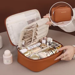 Luxury PU Leather Double Layer Makeup Bag Organizer - Women's Large Capacity Travel Cosmetic Essential (Brown)