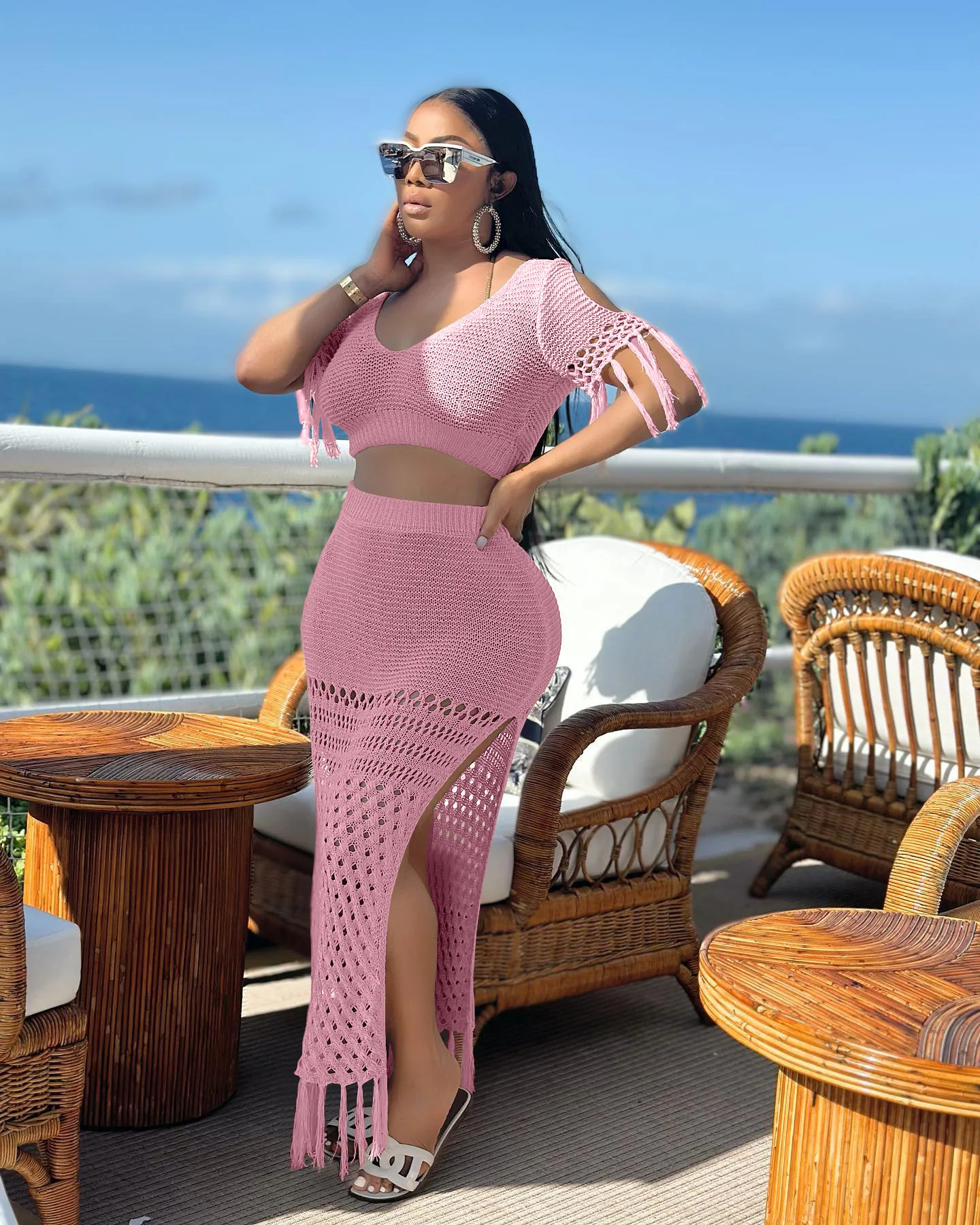 Sexy Women's Knitted Fringe Set Summer Short-Sleeved V-Neck