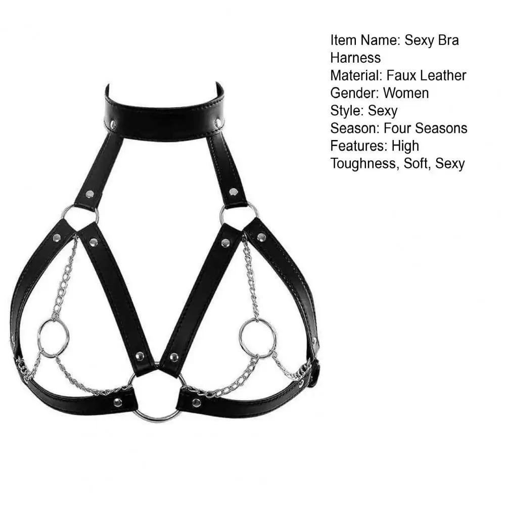 Sexy Bra Harness Adjustable Chain Metal Ring Sexy Strappy Bra Nightclub Faux Leather Women Cage Cupless for Home
