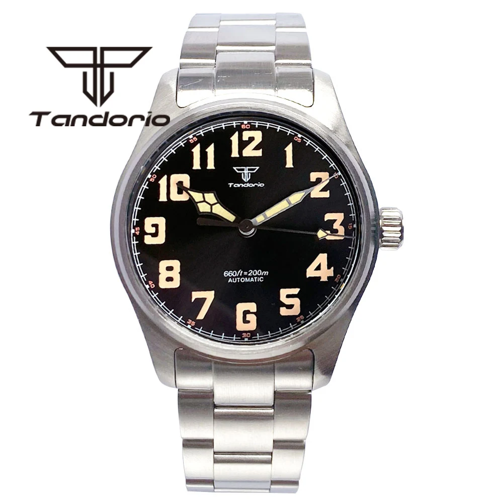 

Tandorio 39mm NH35A PT5000 200M Automatic Diving Pilot Watches for Men Steel Bracelet Sapphire Glass Screw Crown Green Luminous