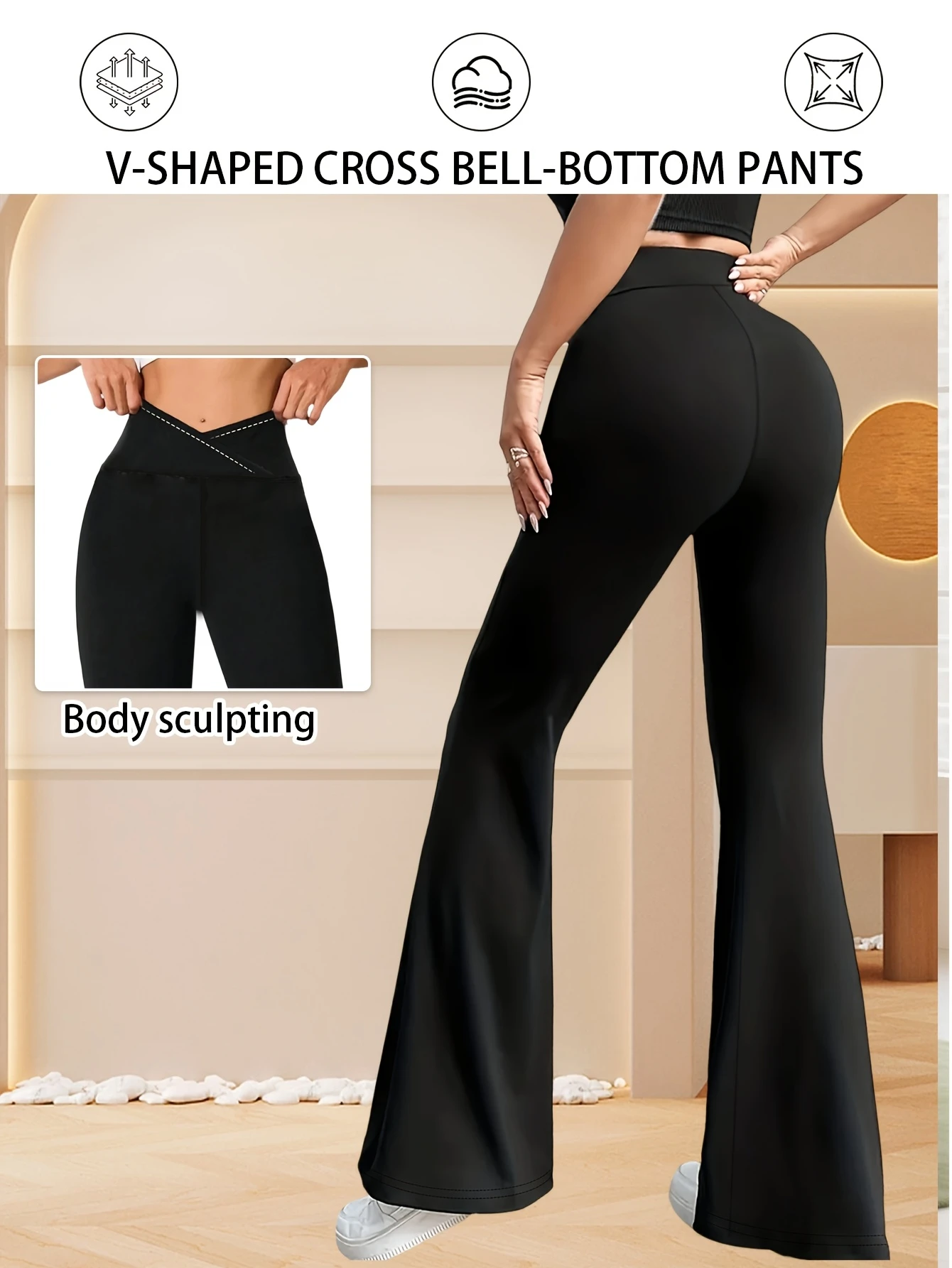 Ladies Cross Waist Bell Bottom Leggings High Waist Butt Lifting Lightweight Yoga Pants Stretch For Workout Sports Daily Wear 2