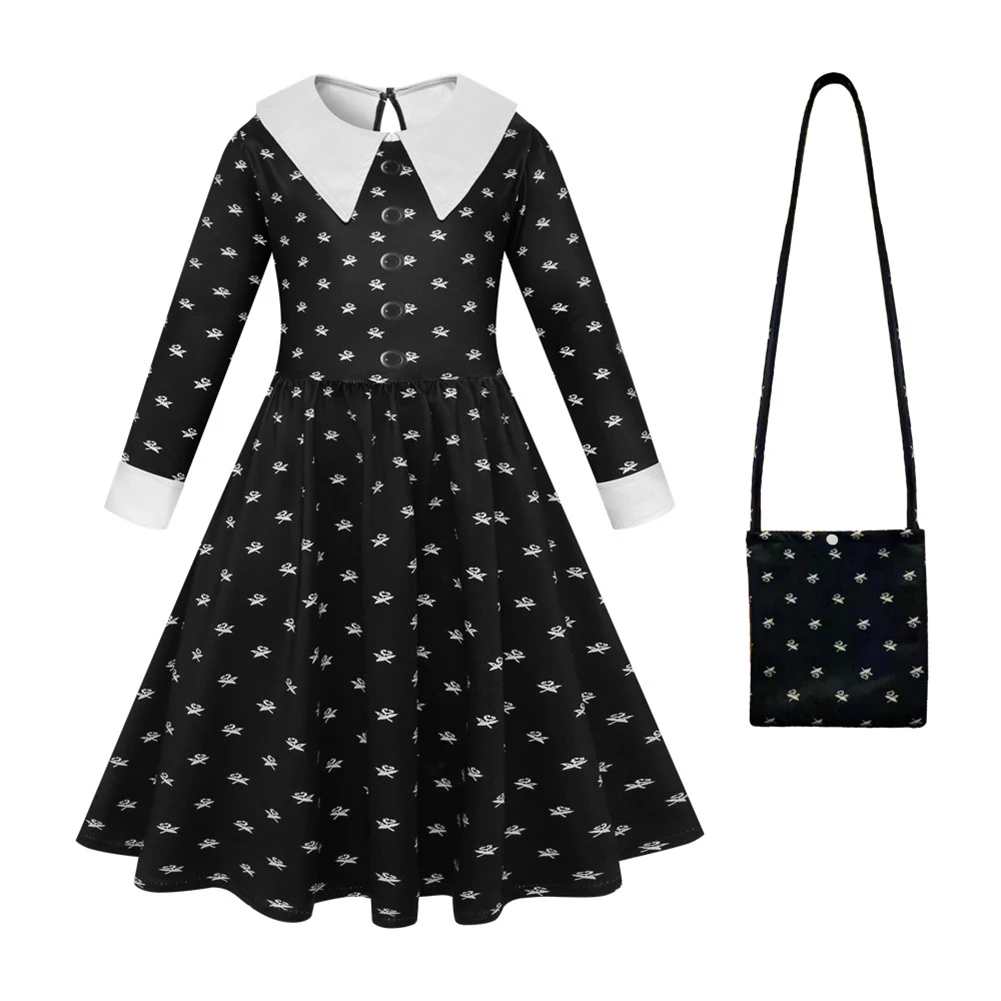 Wednesday Addams Family Cosplay Costume Halloween Clothing Addams Family  Lady Dress with Bag Wig Hair Girls Role Play Clothing - AliExpress