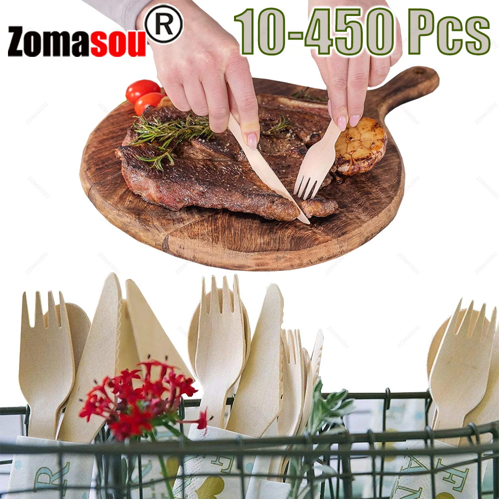 10-450Pc Disposable Wooden Spoon Fork Knife Cutlery Set Birthday Wedding Picnic Party Tableware Decoration Supplies Dessert Cake