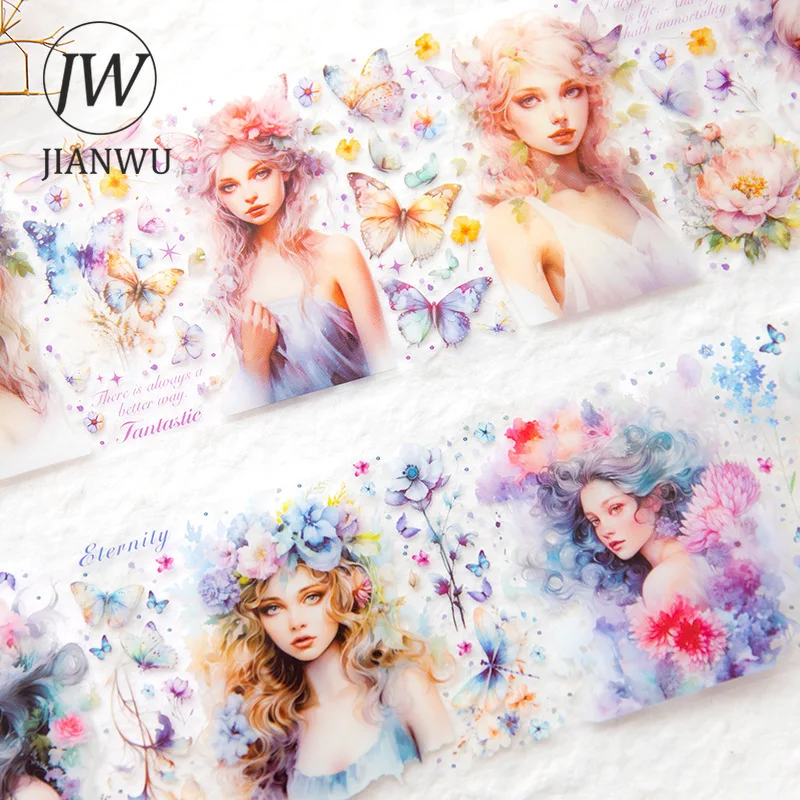 JIANWU 65mm*300cm The White Dream of Dark Flower Series Vintage Character Decor PET Tape Creative DIY Journal Collage Stationery