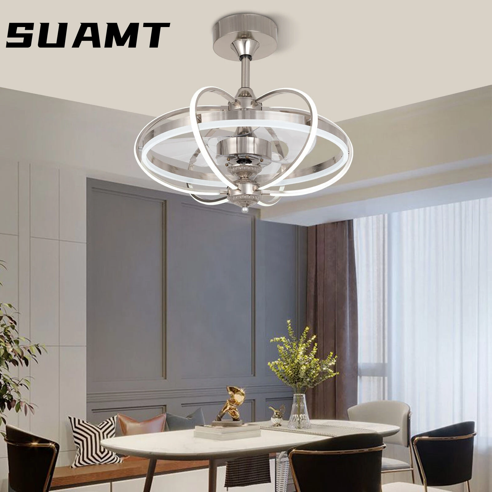 

23in American Fan Lamp Restaurant Bedroom Hall Coffee Shop Led Ceiling Fans With Light Industrial Wind Chandelier Fan