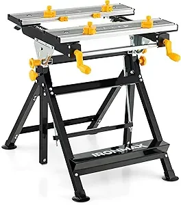 Portable Workbench, Folding Work Table w/Tiltable Platform, 7-Level Adjustable Height, 8 Sliding Clamps & 2 Rotary Clamping