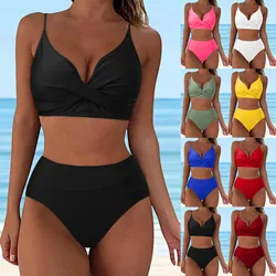 Sexy Twist Tank High-Waist Bikini Sets Swimwear Women Swimsuits Bathing Suit 2024 Solid Red V-neck Bikinis Beachwear