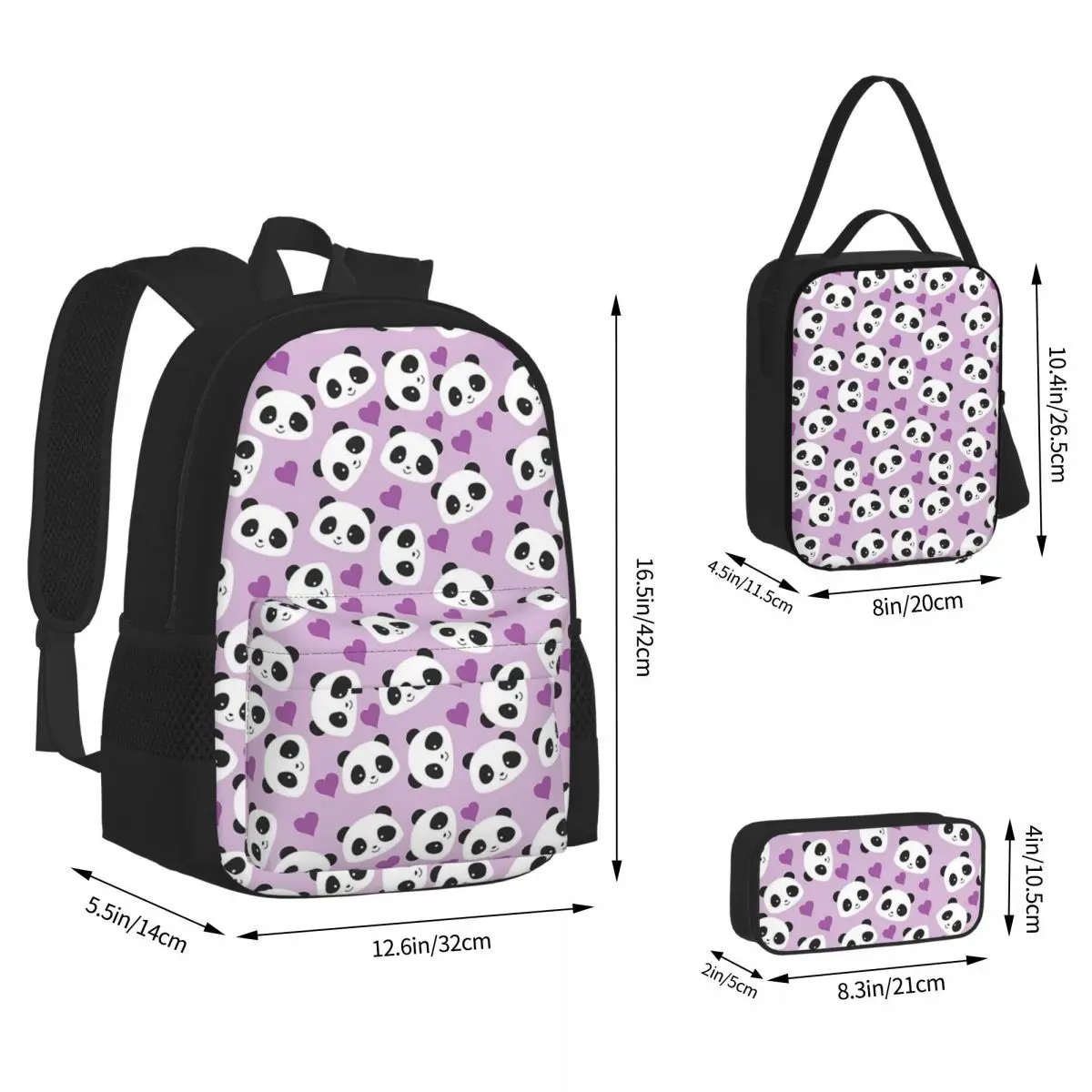

Милые рюкзаки с пандой и фиолетовыми сердечками, сумка для книг для мальчиков и девочек, школьные сумки, мультяшный Детский рюкзак, сумка для ланча, ручка, набор из трех предметов