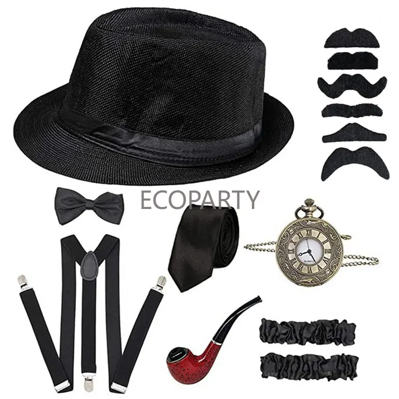 

1920S 8Pcs/set Men Party Props Theme Cosplay Stage Performance Gatsby Beret Cigar Watch Suspender Tie Costumes Accessories Set